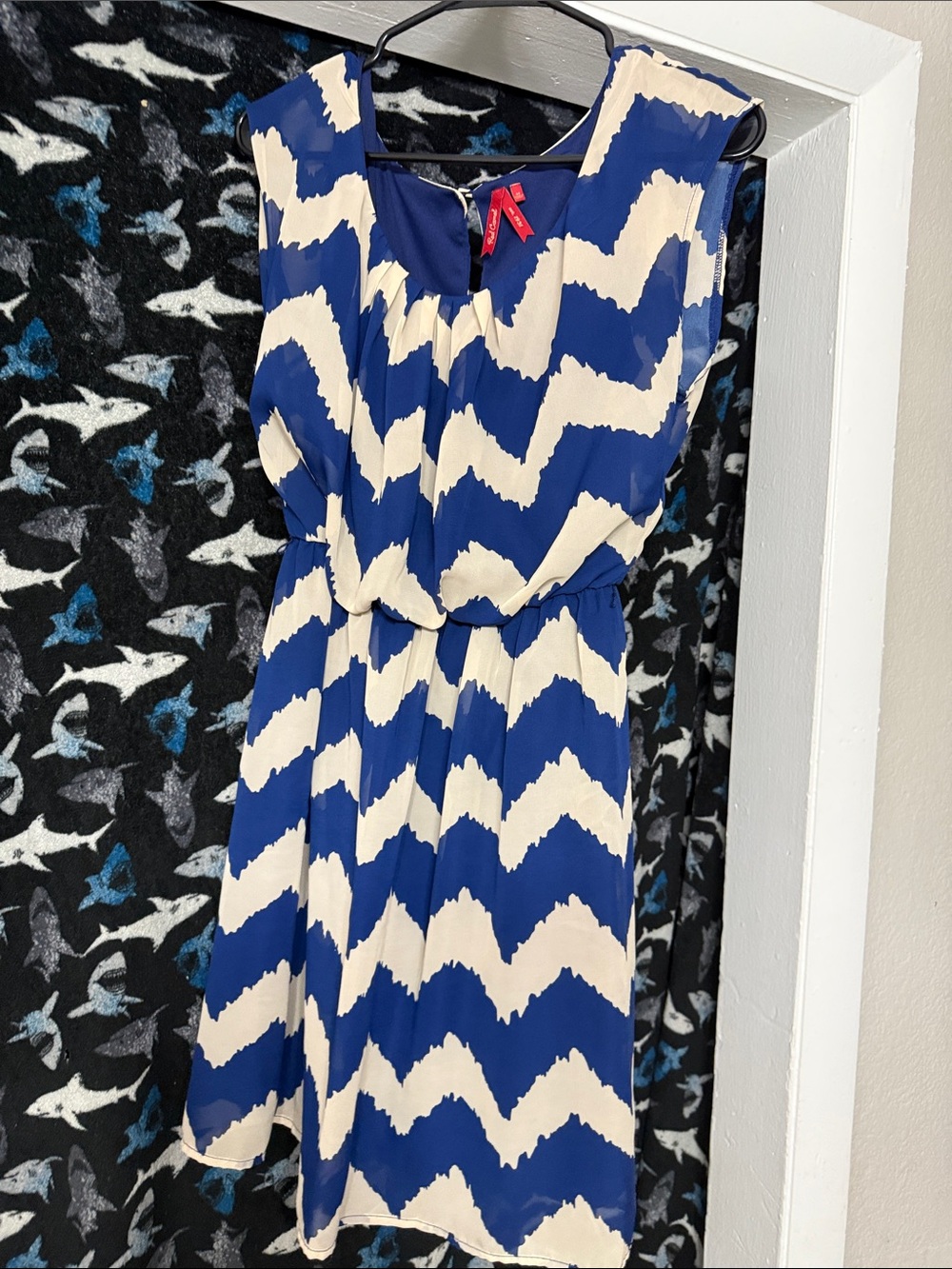 Red Camel Blue and Cream Abstract Sleeveless Dress